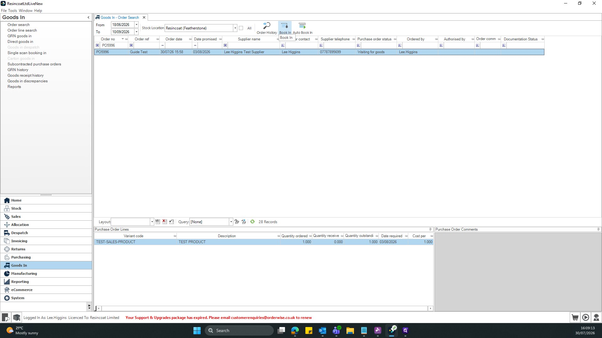 Step #6: Click Book In in the top toolbar to begin processing the selected order.