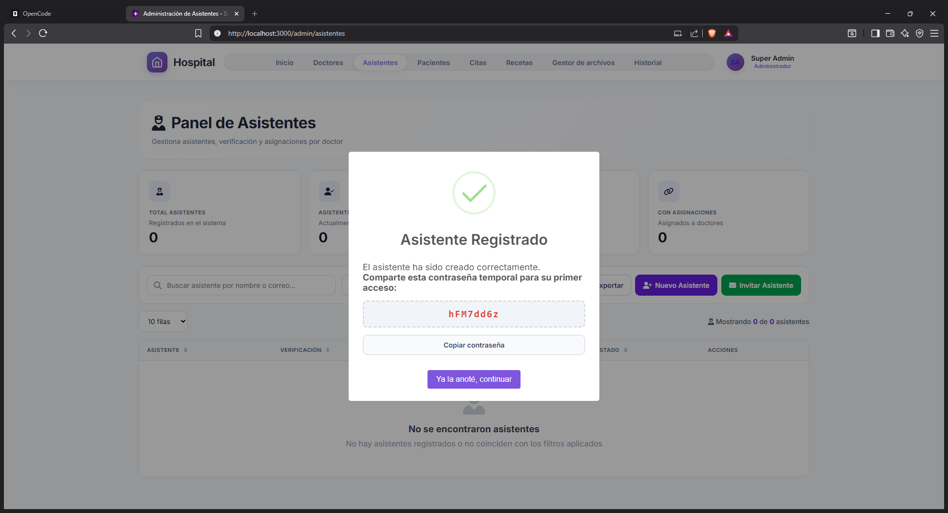 Step #5: En la ventana modal, haz clic en Copiar contraseña para guardar la contraseña temporal generada por el sistema.