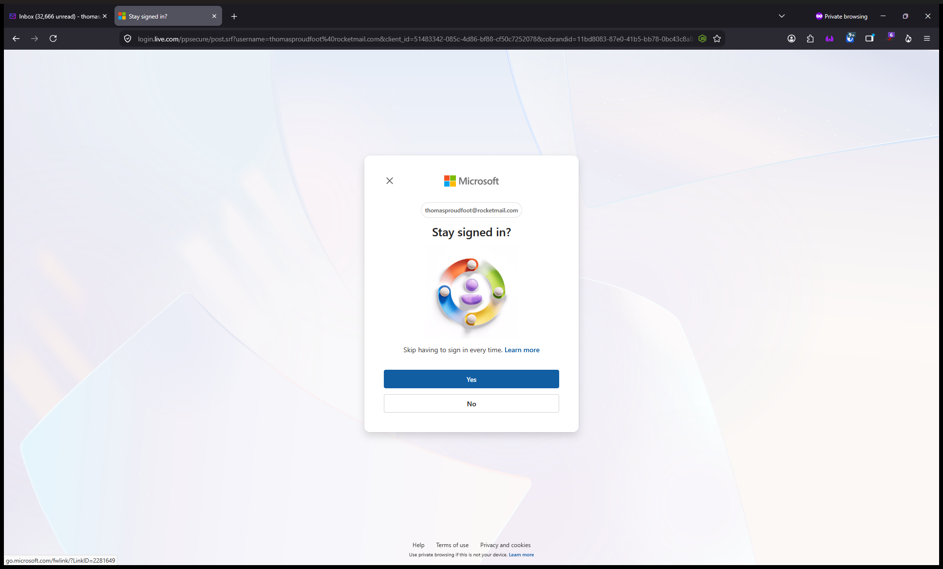 Step #5: Click Yes if you want to stay signed in for future access, or select No to be signed out automatically when you close the browser.
