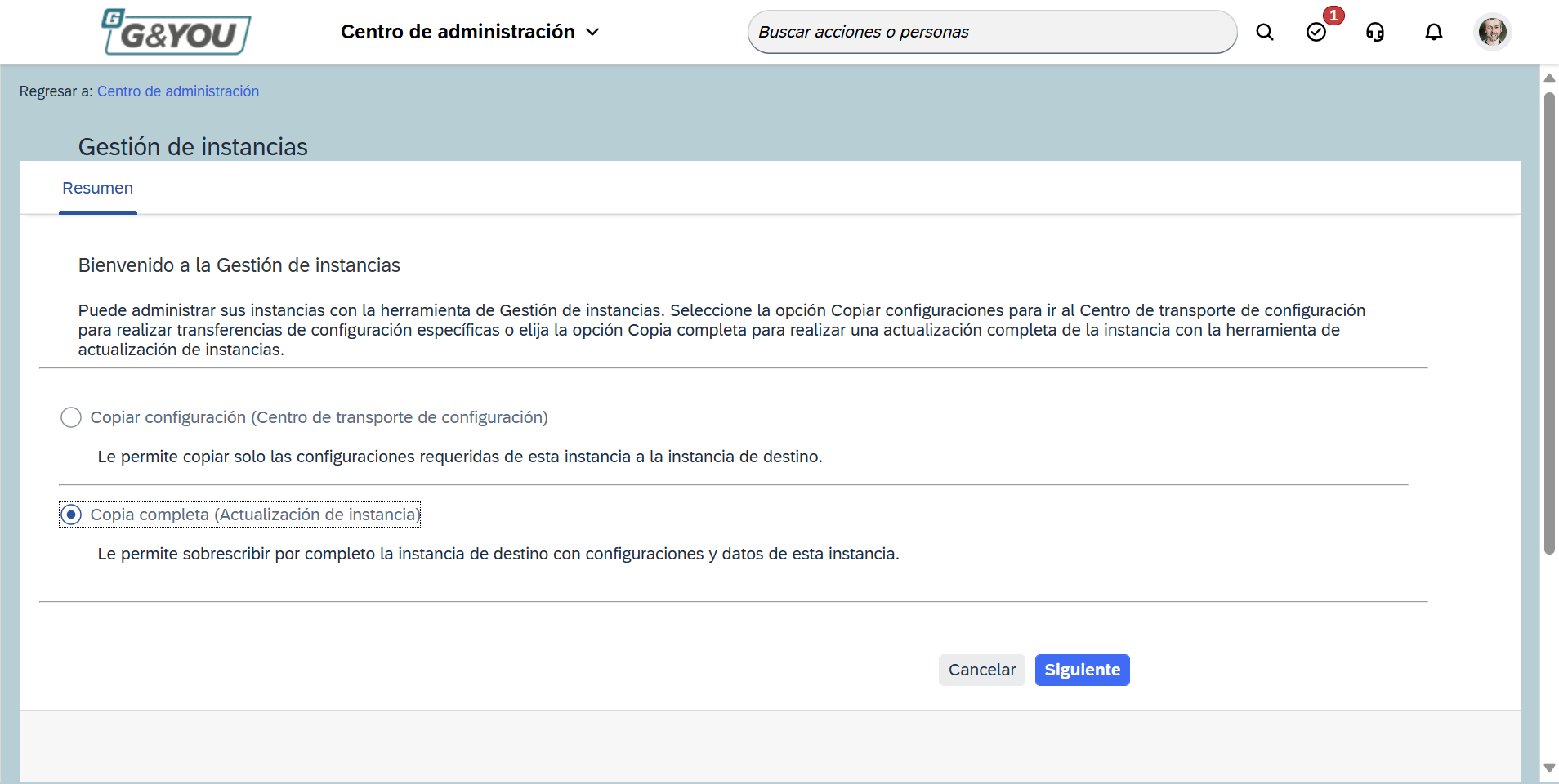Step #2: Sel·leccionar la opció 'Copia completa (Actualización de instancia)'