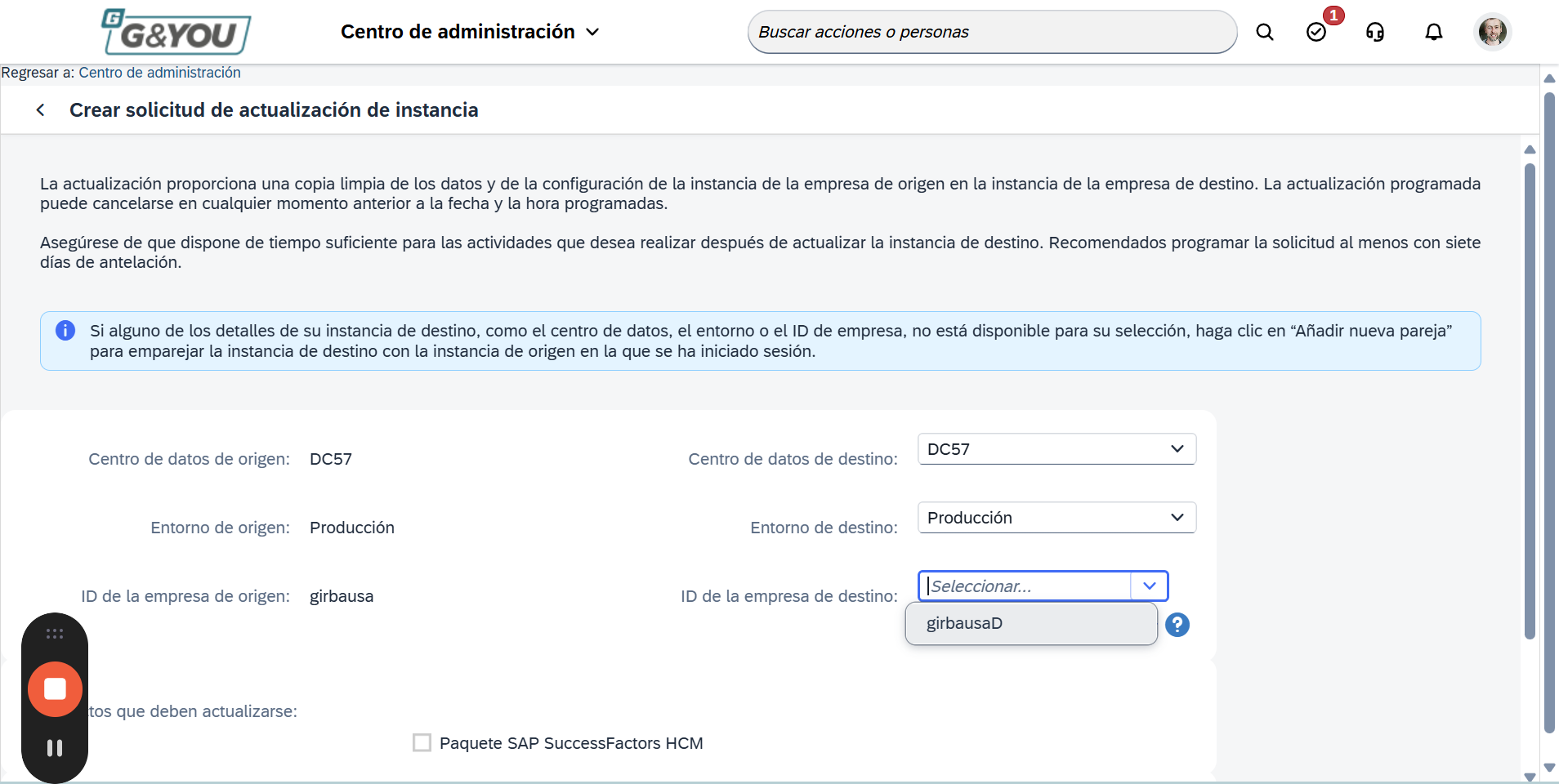 Step #7: 'Per configurar productiu a l'entorn de DES (el que està integrat amb GED500), sel·leccionar els valors 'DC57', 'Producción' i 'girbausaD'.