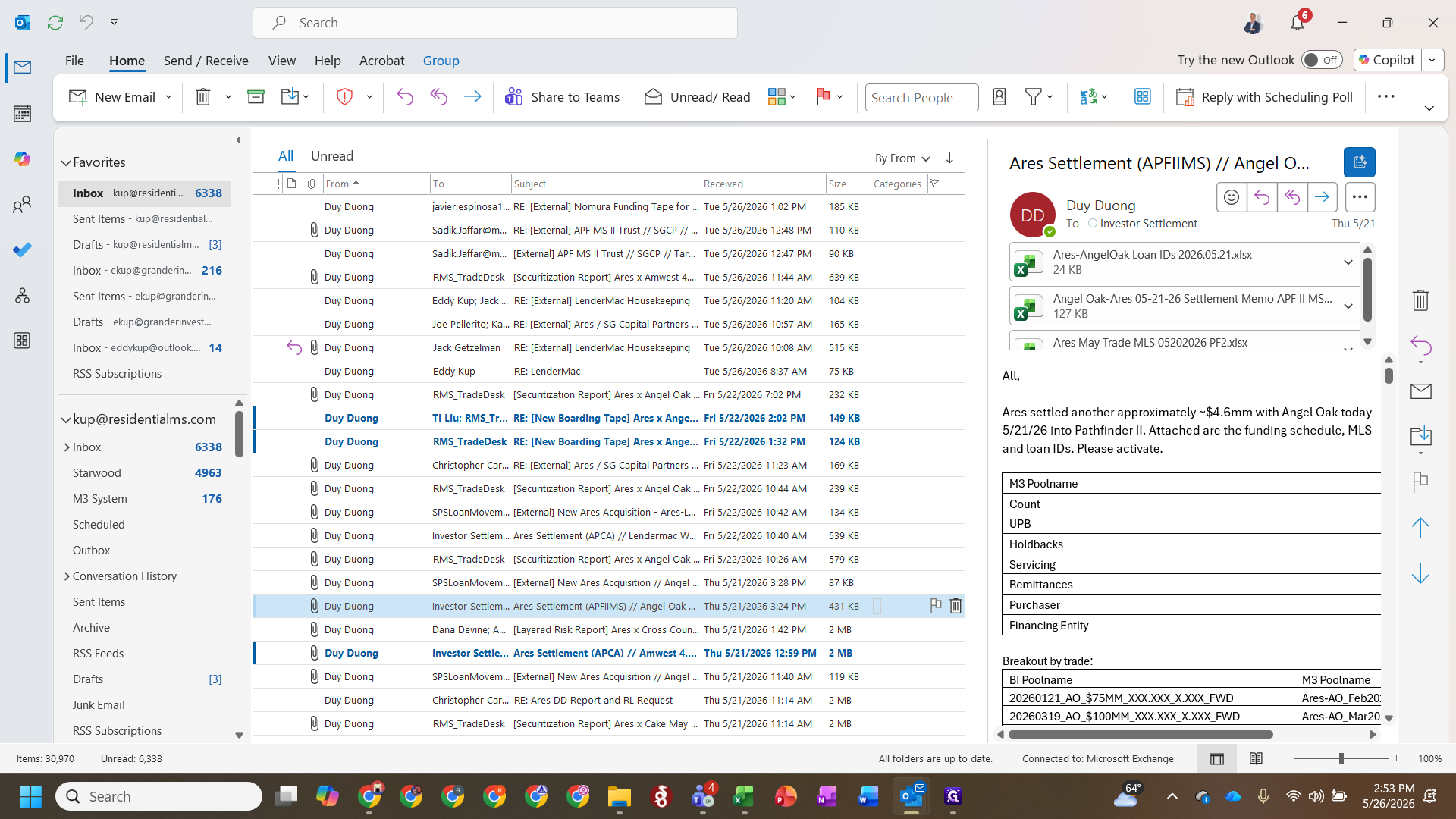 Step #1: Open the settlement email from the investor or seller (e.g., "Ares Settlement // Angel Oak") to access the relevant funding statistics.