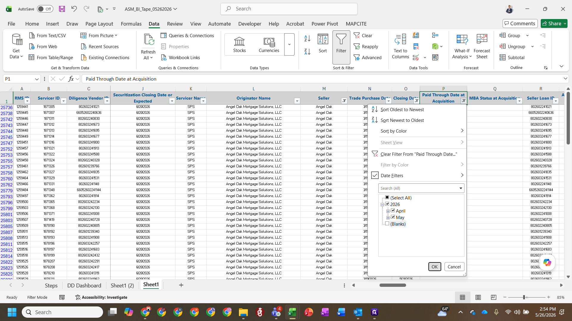 Step #3: In your BI format tape, filter the data by the specific seller and closing dates associated with the settlement.
