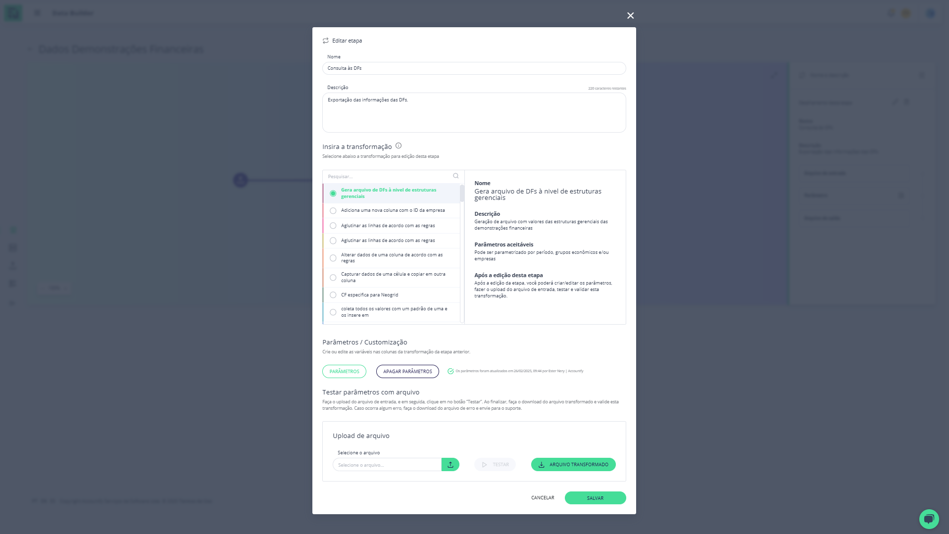 Step #26: Ao criar a primeira etapa deste Workflow clique em Parâmetros: