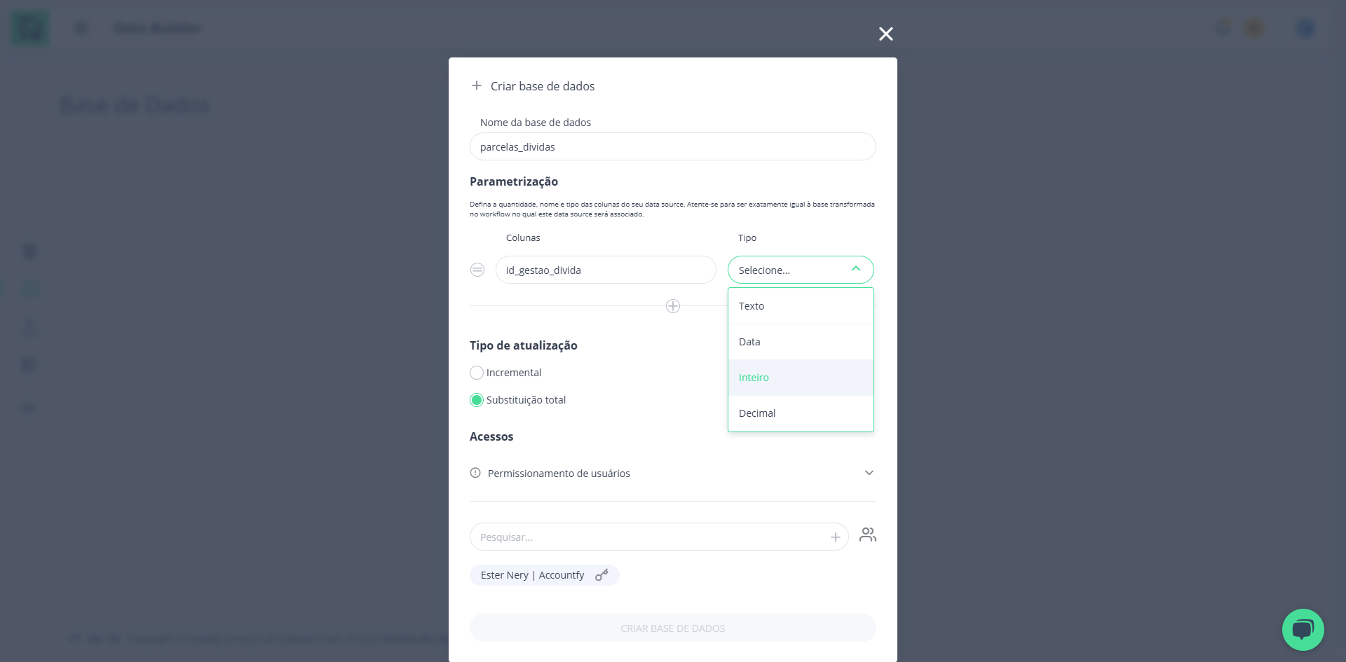 Step #5: Após informar o nome do parâmetro, selecione seu Tipo no menu ao lado: