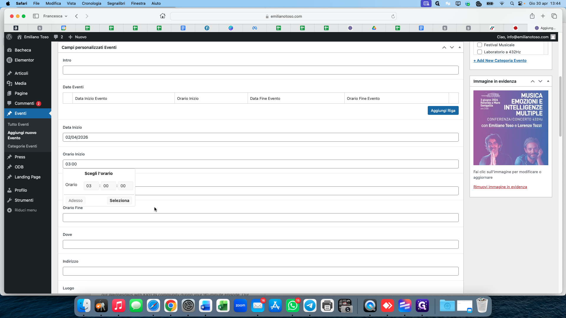 Step #10: Click the Orario Inizio (Start Time) field and use the time-picker to set the event's start time.