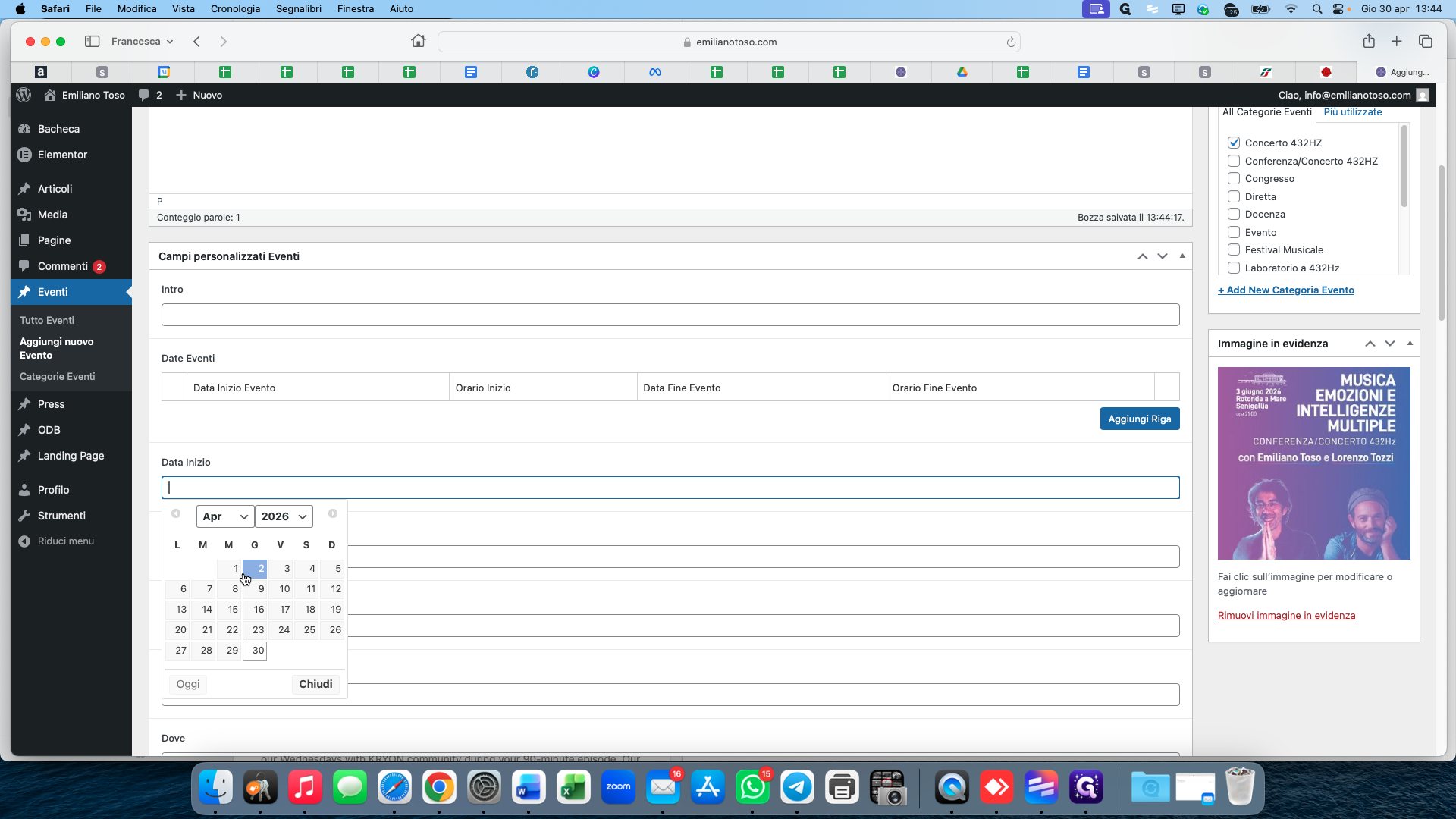 Step #9: Scroll to the Data Inizio (Start Date) field and select the event date from the calendar picker.