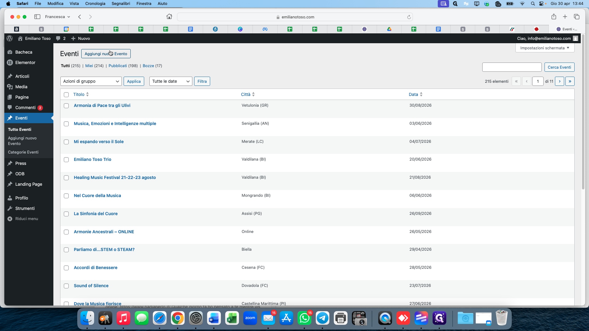 Step #2: In the left sidebar, hover over Eventi and click Aggiungi nuovo Evento (Add New Event).