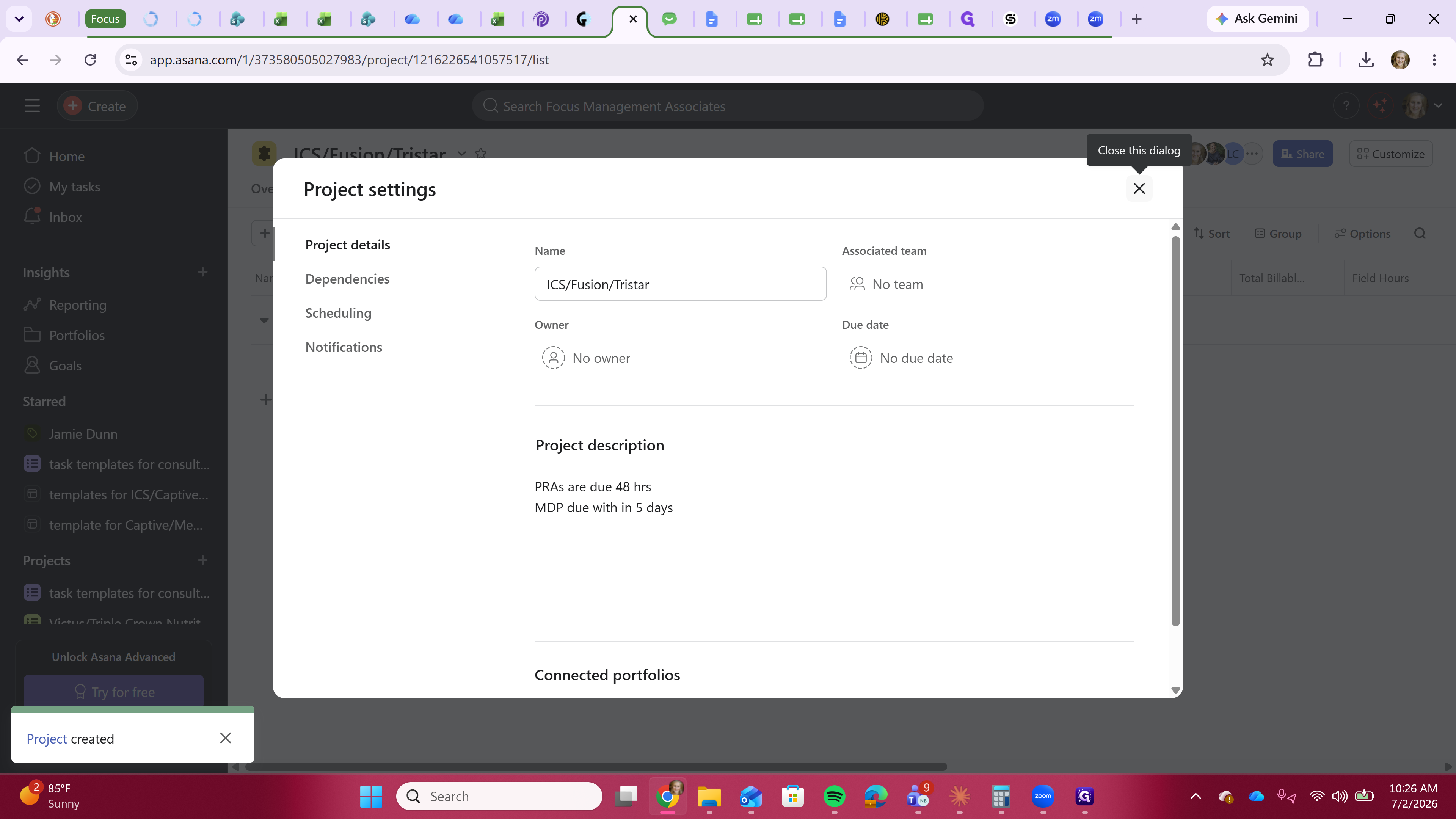 Step #10: Click the Close icon to exit the settings modal. Your project is now ready for tasks.