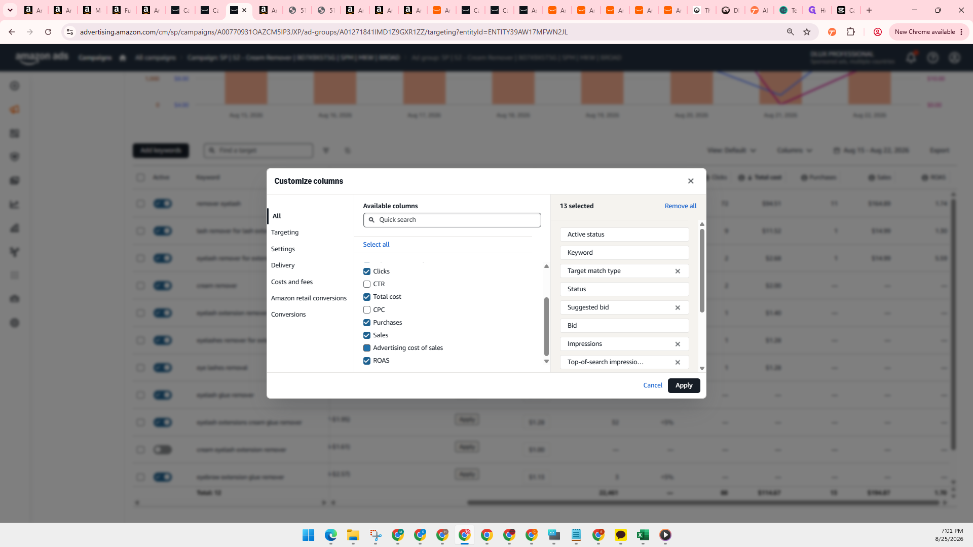 Step #10: Select all important metrics such as CPC, clicks, ACOS, etc.