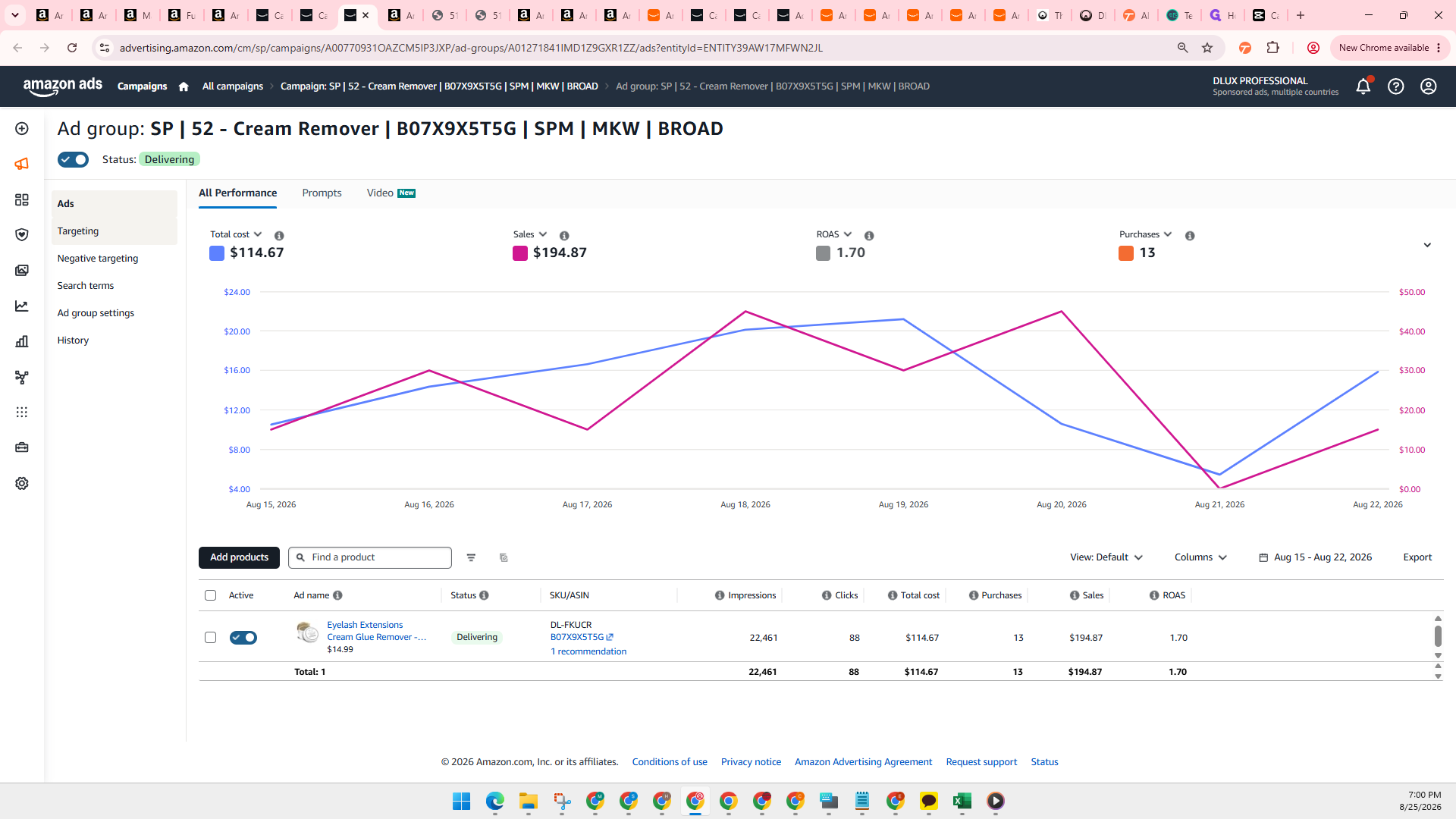 Step #7: Click on Targeting in the left-hand navigation pane to see active target keywords and ASINs.