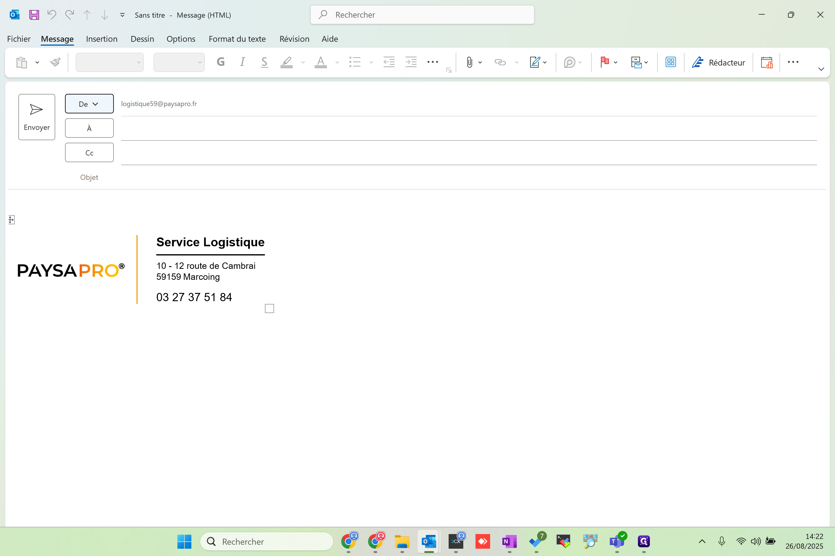 Step #13: Votre signature logistique Paysapro est désormais affichée pour le mail actuel