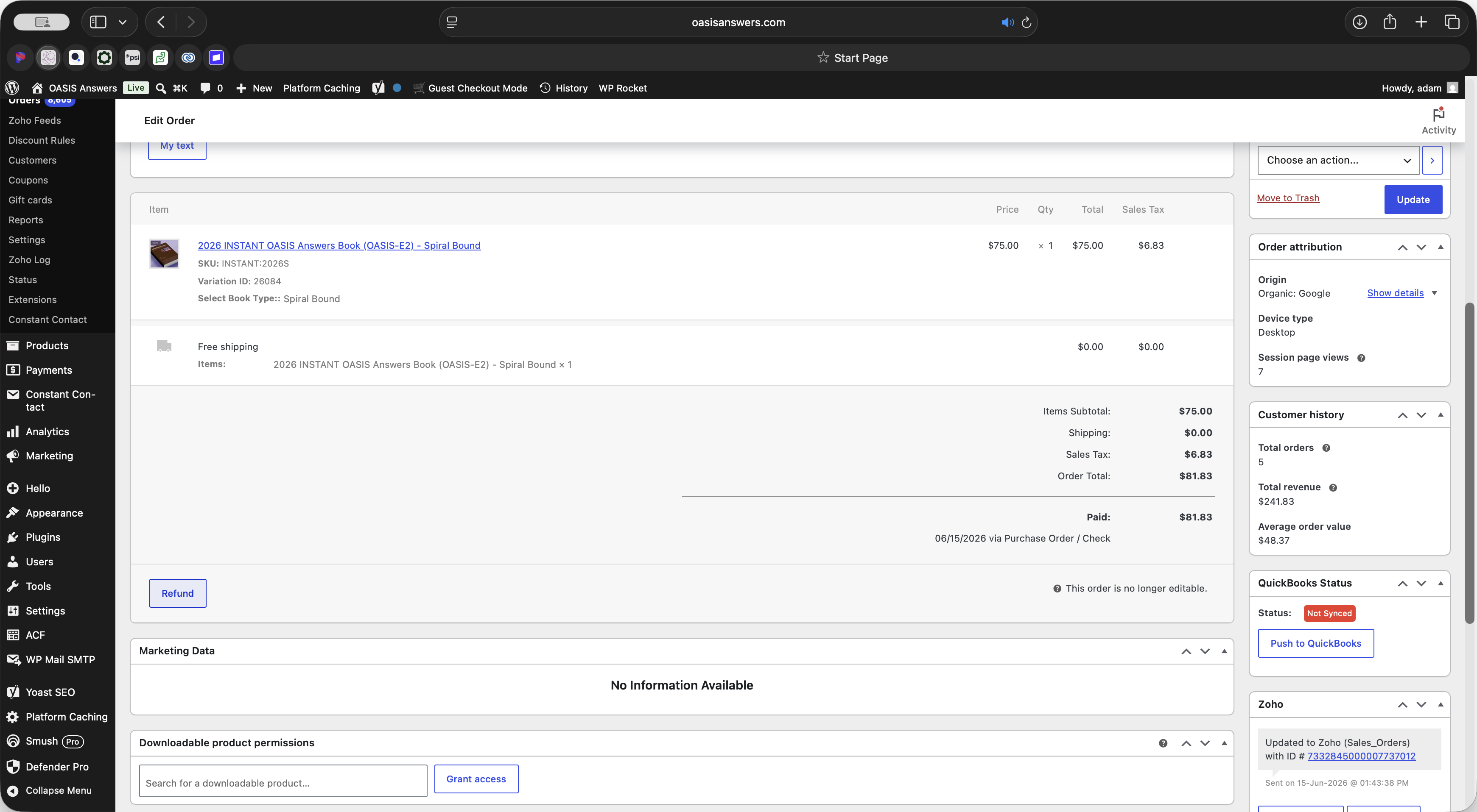 Step #4: Scroll down to the order details section and click the Refund button.