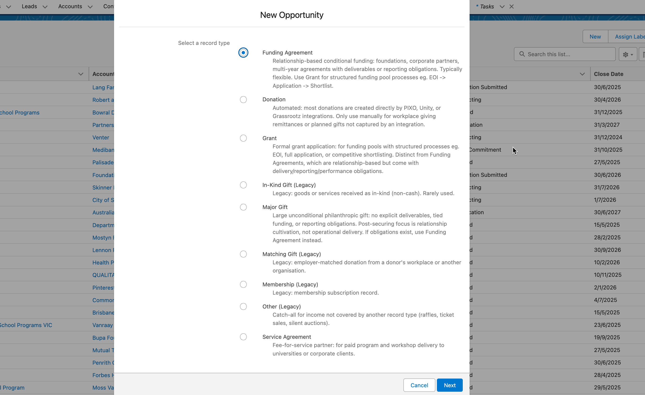 Step #24: Select from the longer list of all possible opportunity record types