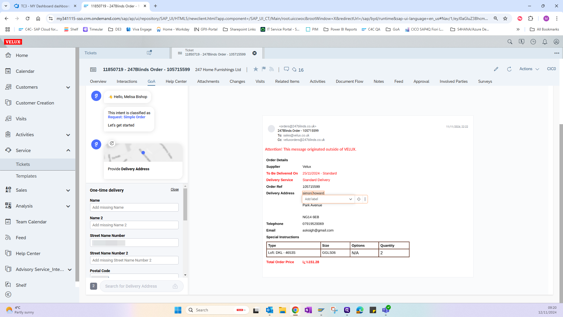 Step #6: Now Copy & Paste the name, phone number etc. from the order into the One-time delivery fields. "Name 2" would be used for a company name. There are 2 phone fields: one for a landline and one for a mobile phone.