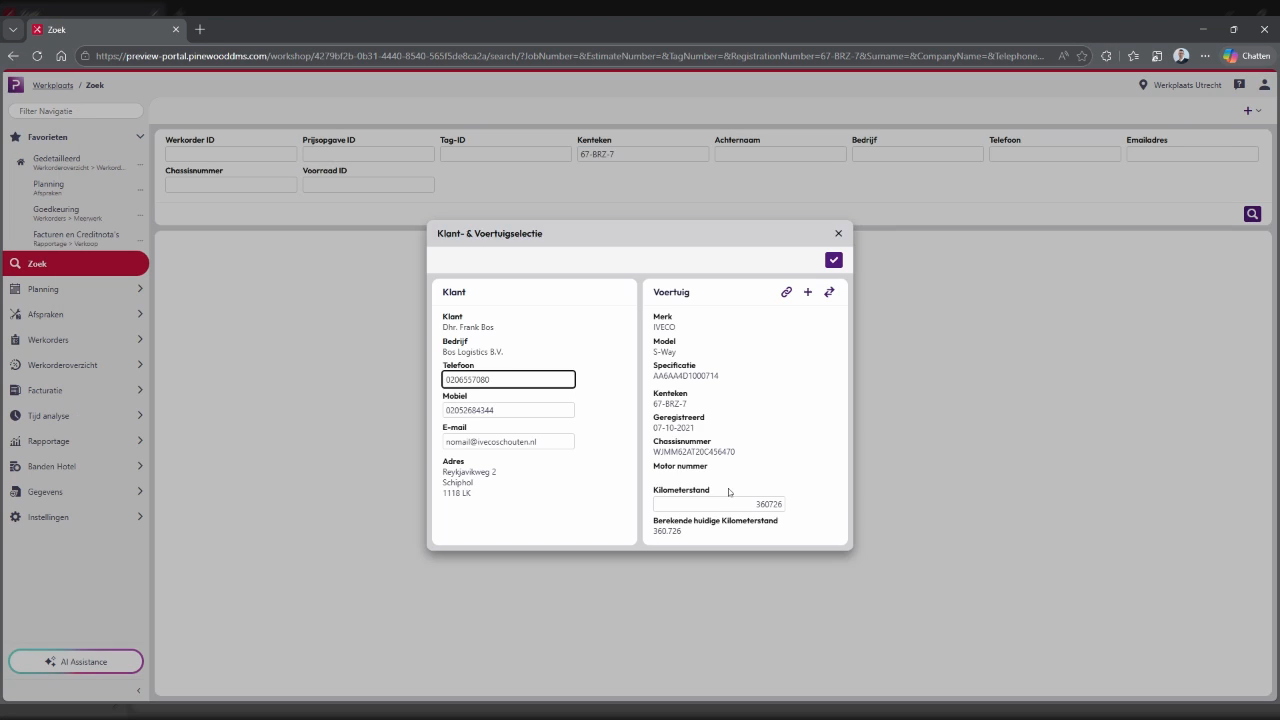 Step #4: Click the corresponding vehicle record, for example 67-BBZ-7, from the search results to open the Customer & Vehicle selection modal.