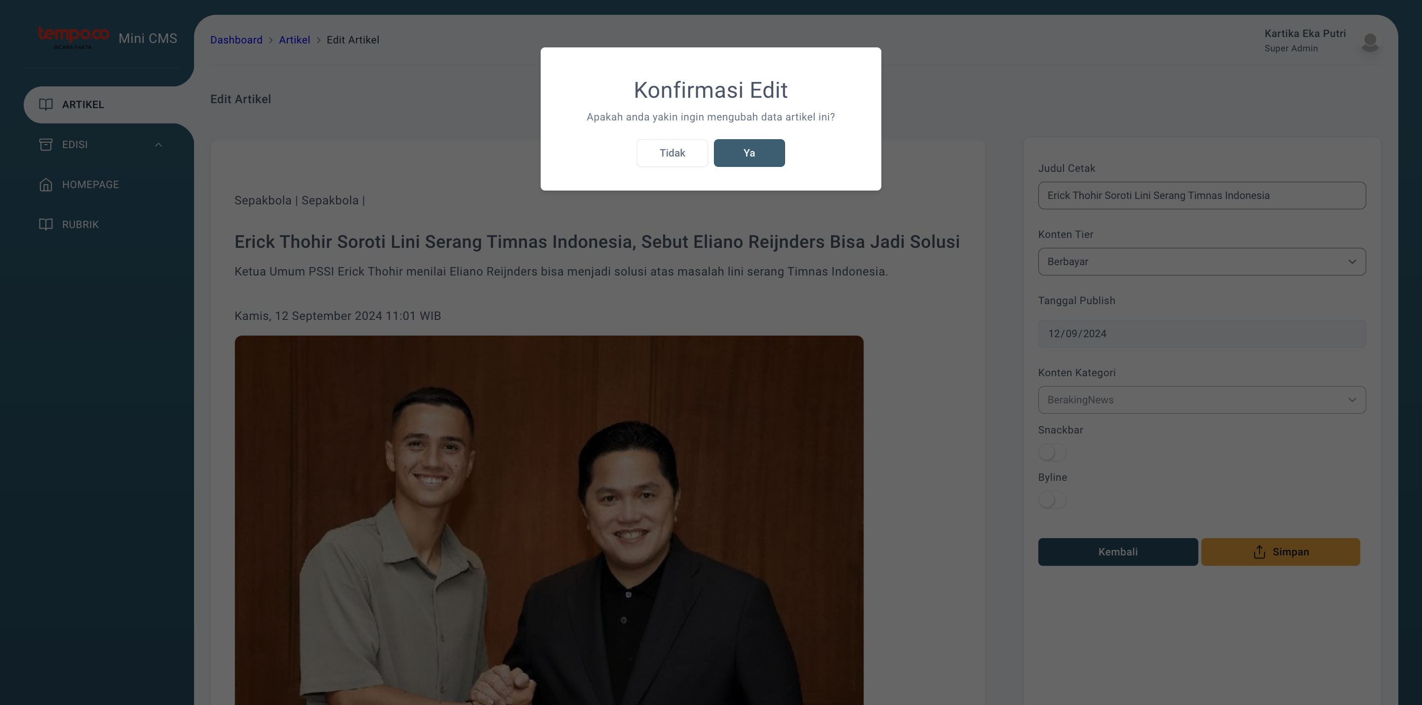 Step #10: Konfirmasi perubahan data artikel, klik OK