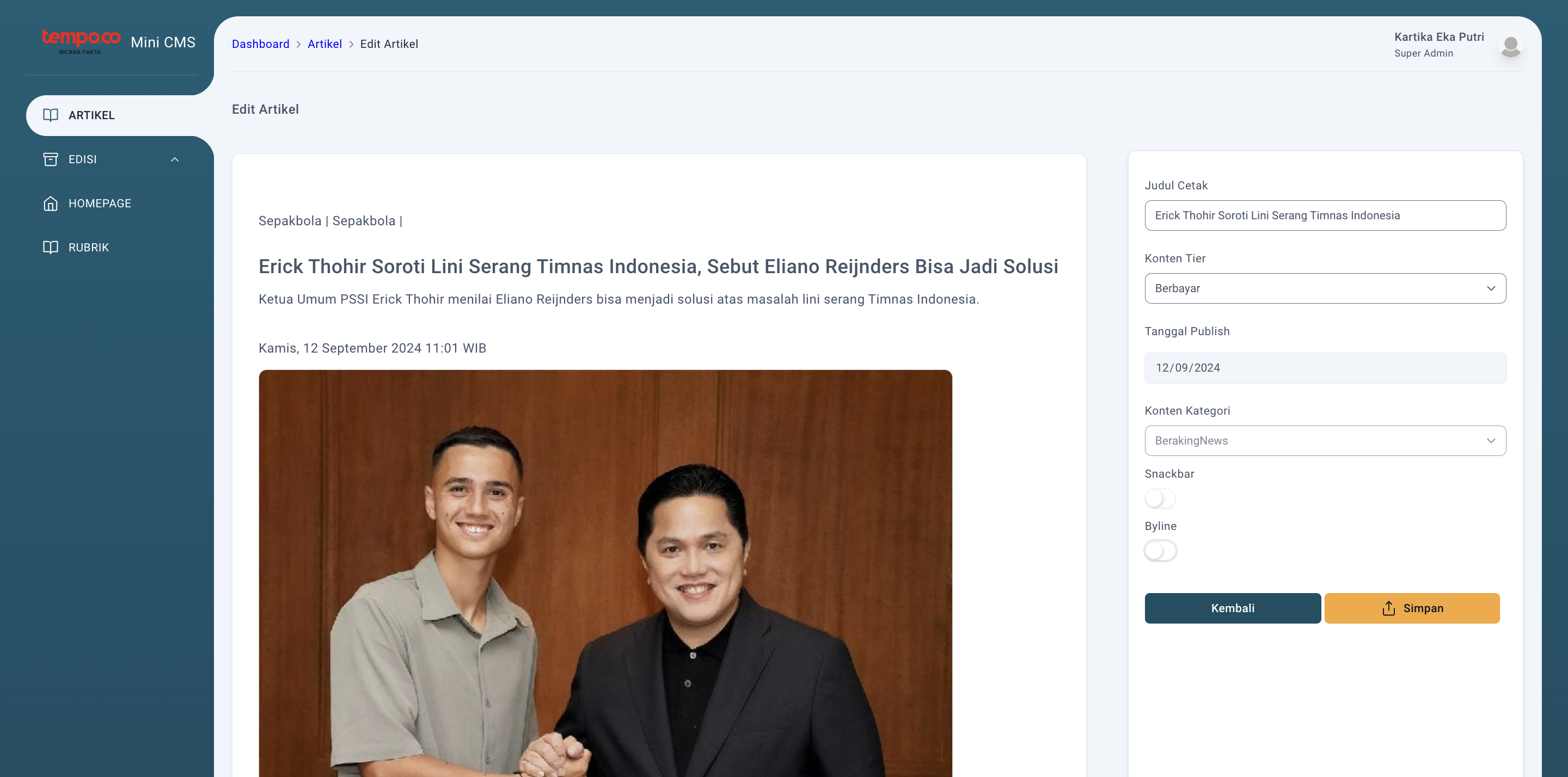 Step #9: Setelah selesai, selanjutnya Redaksi bisa menyimpan perubahan yang dilakukan pada suatu artikel dengan klik di sini