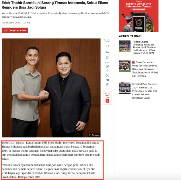 Step #2: Menuju ke details artikel dengan judul "Erick Thohir Soroti Lini Serang Timnas Indonesia, Sebut Eliano Reijnders Bisa Jadi Solusi". Dapat dilihat di bawah, bahwa artikel ini merupakan artikel free yang dapat diakses oleh siapapun (tidak harus subscribe)