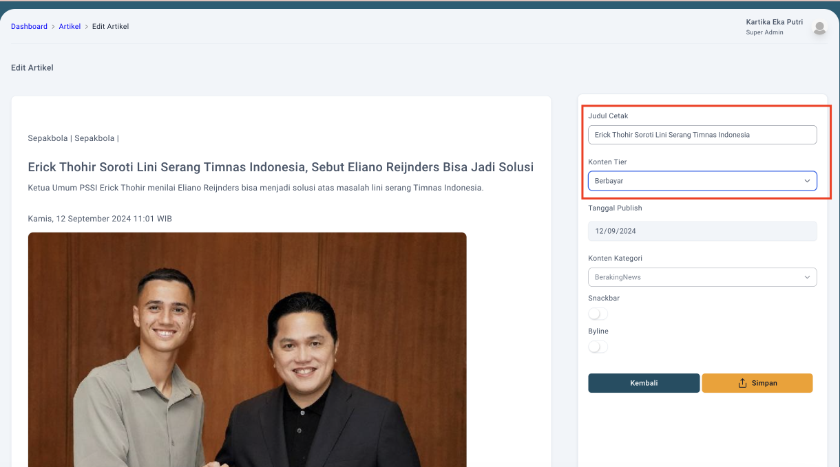 Step #6: Berikut adalah contoh saat Redaksi menginput Judul Cetak, dan mengubah konten tier ke 'Berbayar'