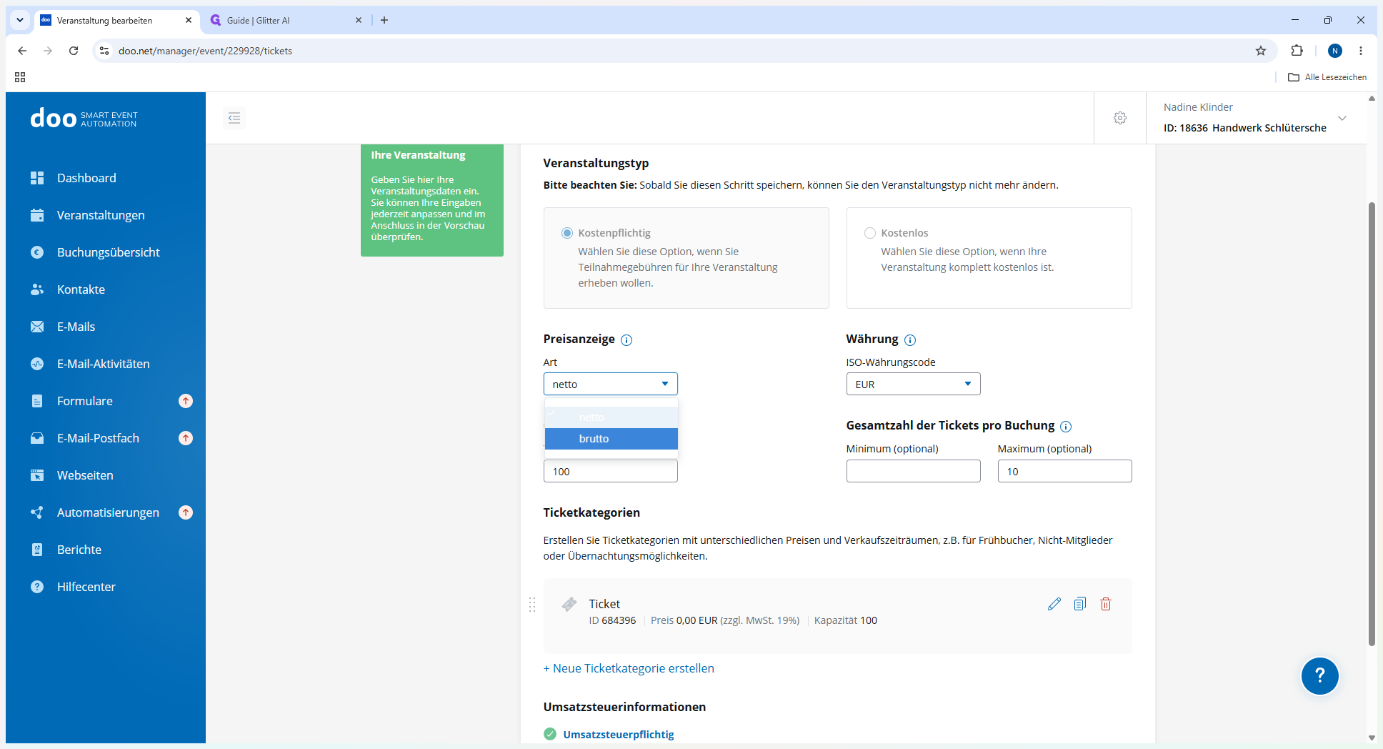 Step #2: Wählen Sie im Dropdown-Menü unter Art aus, ob die Preise netto oder brutto angezeigt werden sollen.