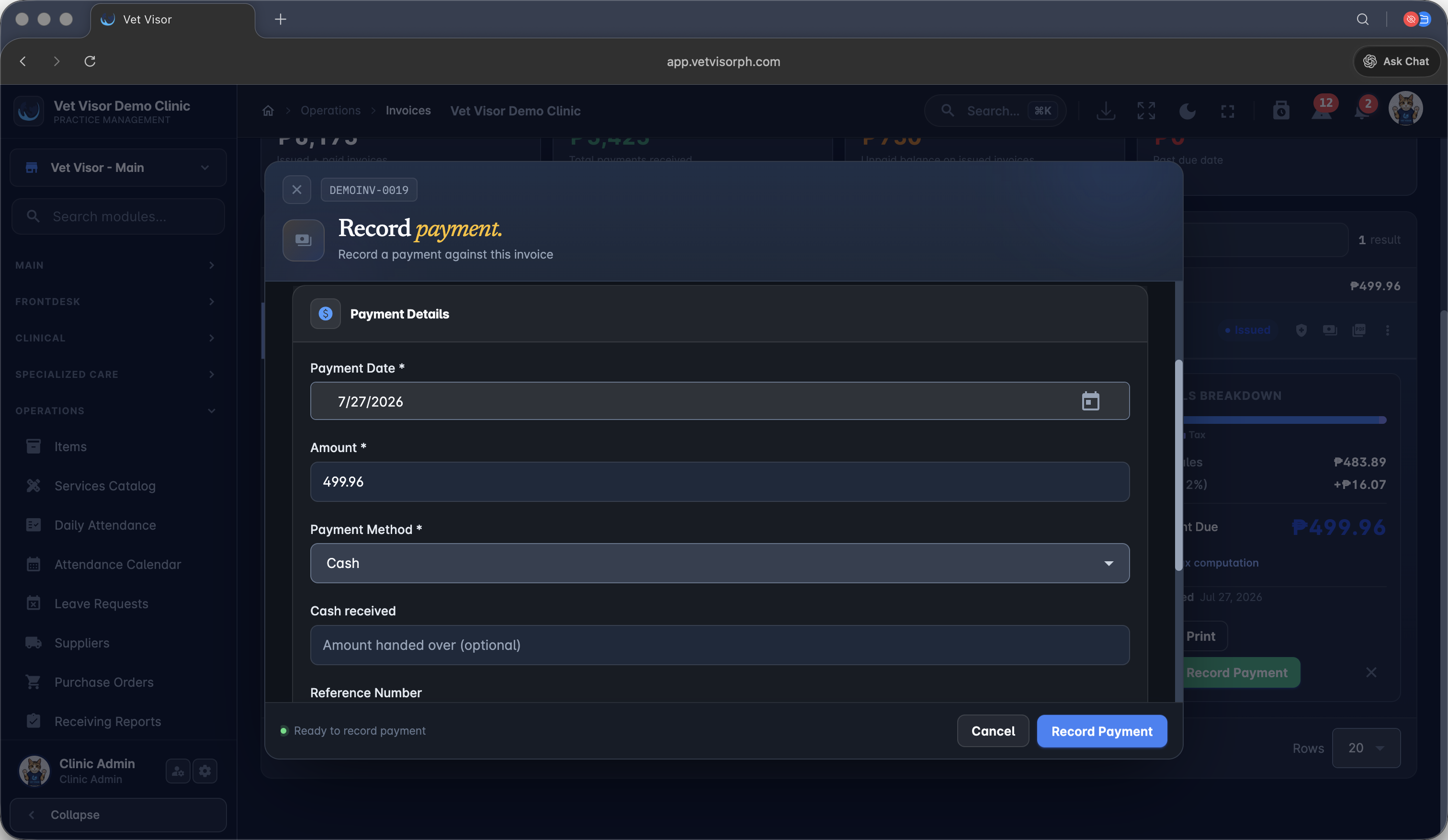 Step #40: Click Record Payment and enter the payment method and amount tendered.