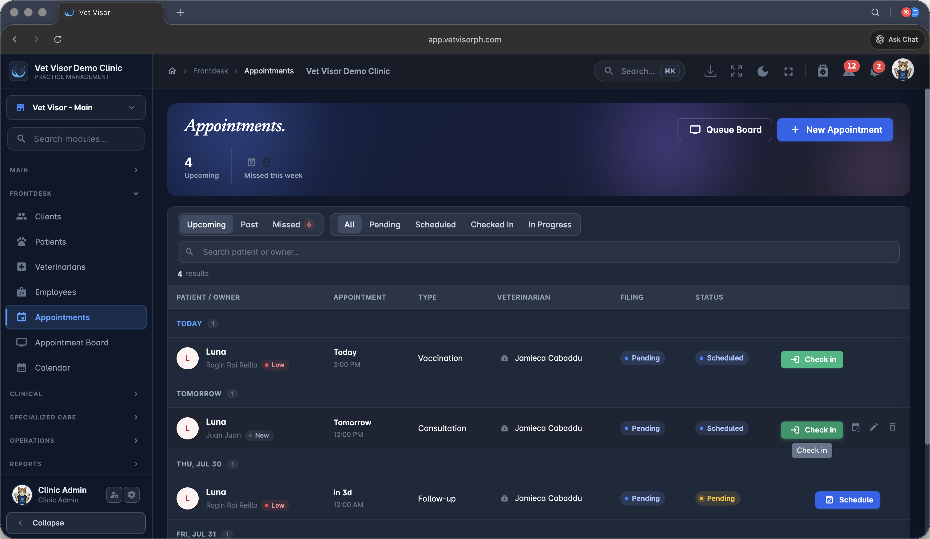 Step #11: Locate the newly scheduled appointment on the dashboard and click → Check in.
