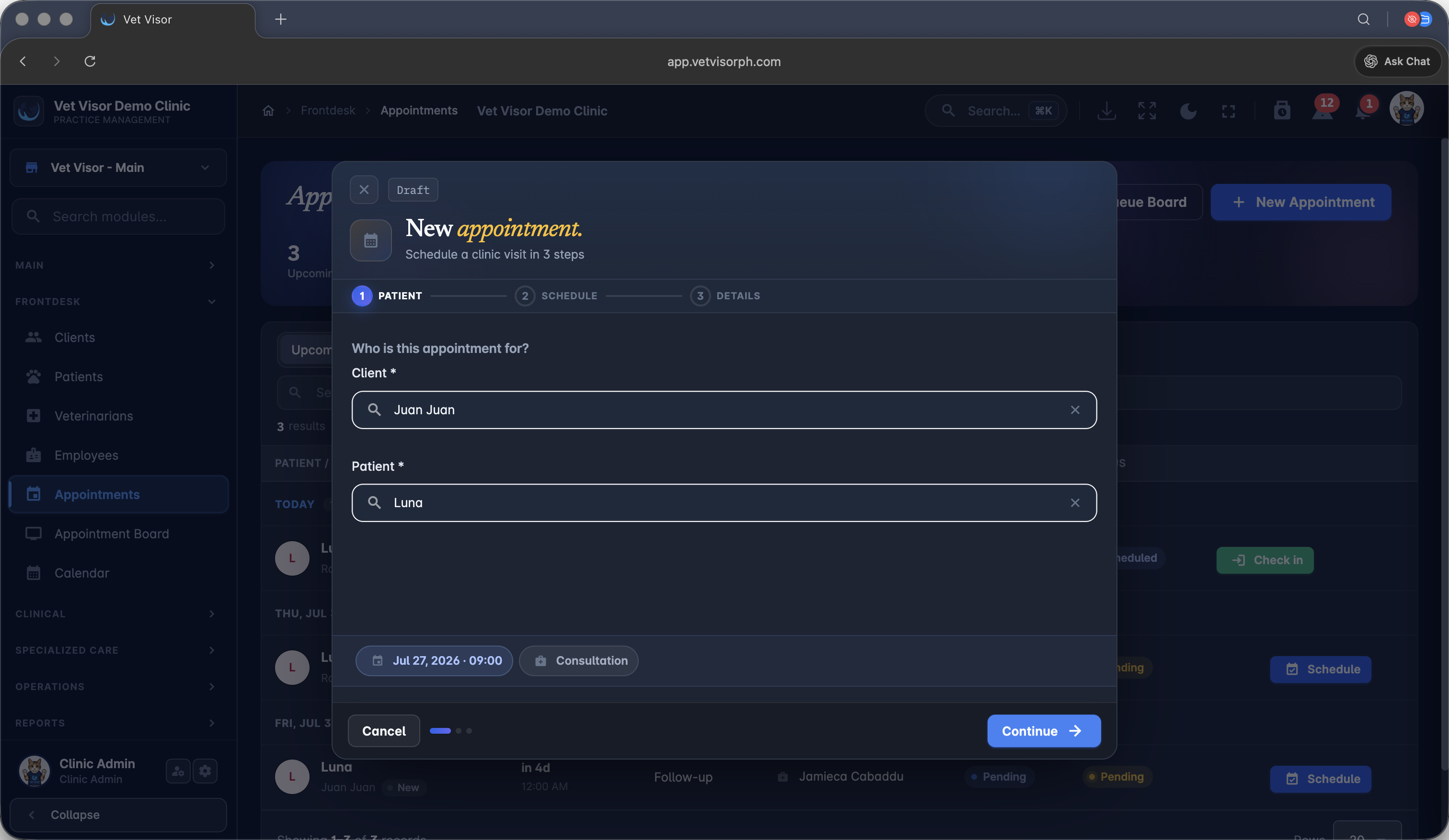 Step #2: Select the patient and click Continue →.
