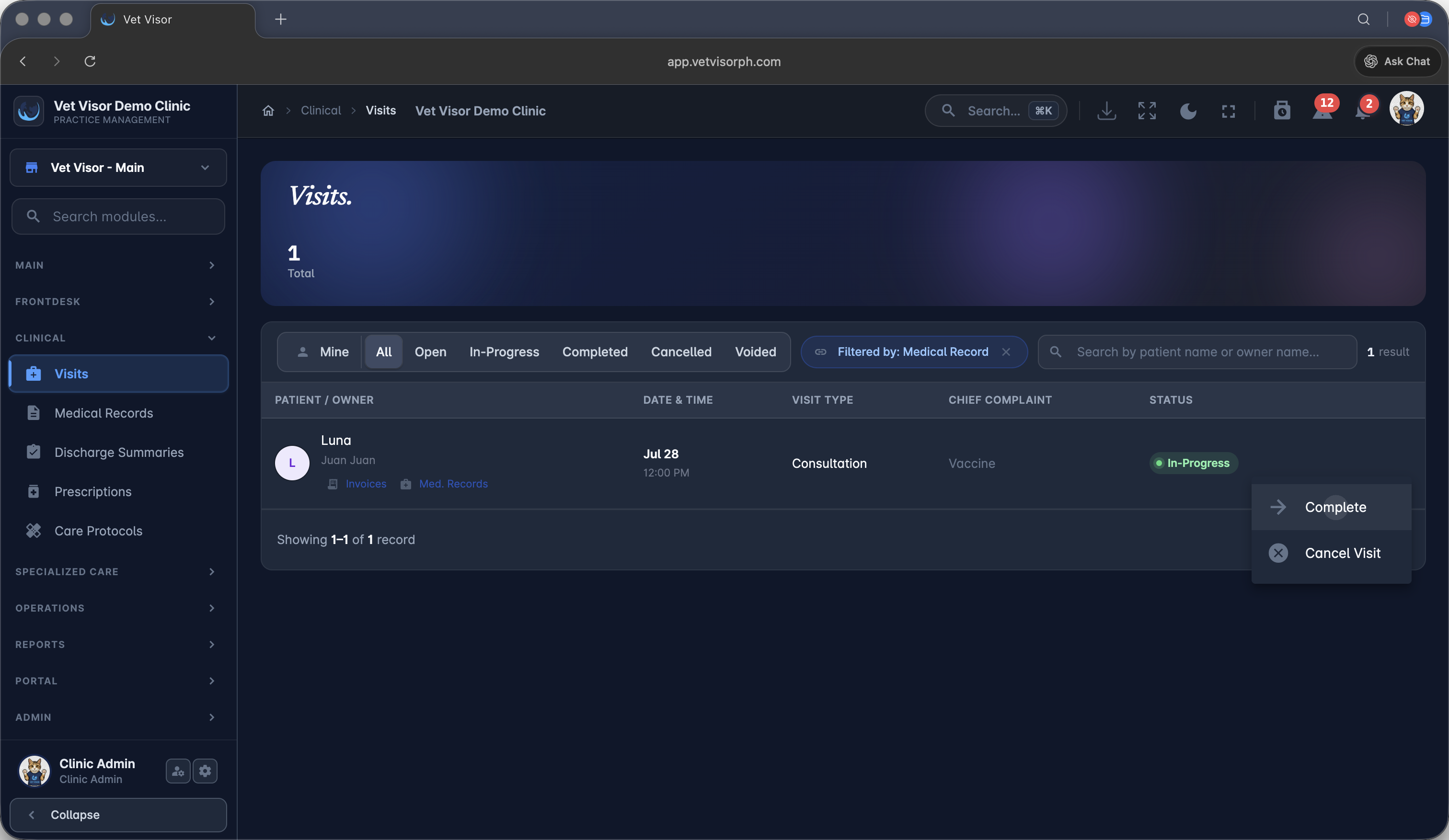 Step #34: Return to the visits dashboard, click the action menu for the patient's active visit, and select → Complete.
