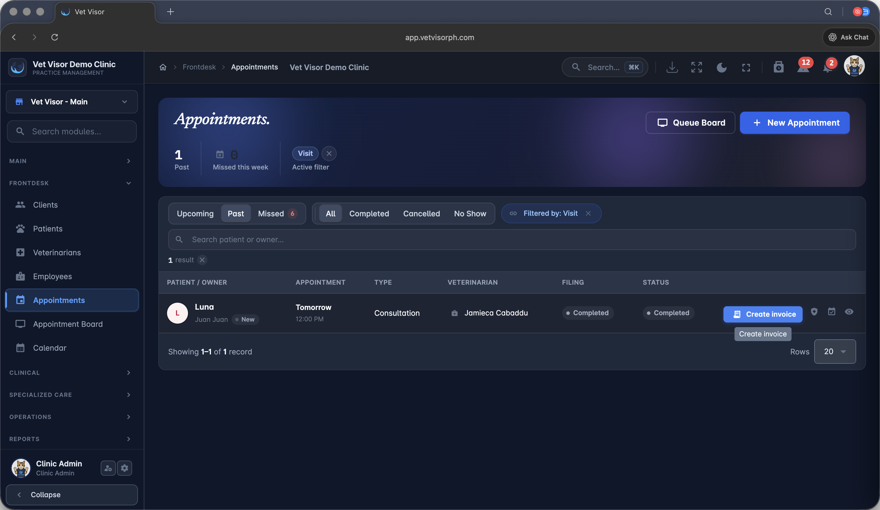 Step #35: From the Appointments dashboard, click Create invoice next to the completed appointment.
